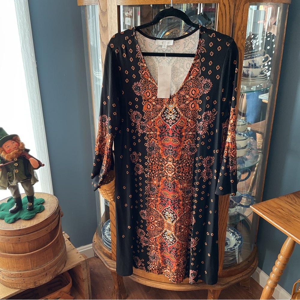 new directions Black Midi Dress with Orange & Red Boho Print NWT XL